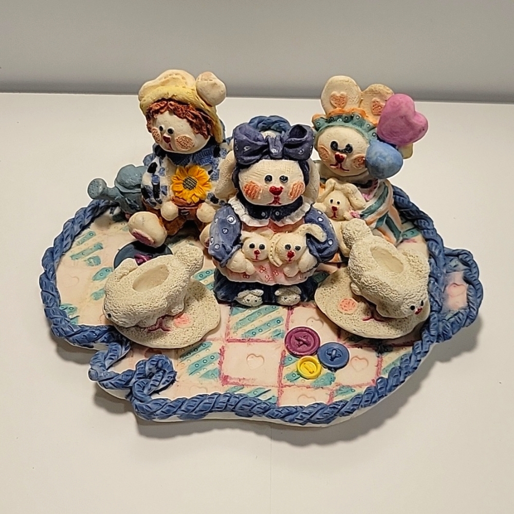 Patchwork Bunnies Miniature Tea Set, resin, Popular Imports 1997 NWOT